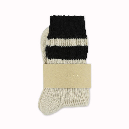 Cashmere blend socks by Belgium based Escuyer, with an Ecru base colour and Black stripes. Designed for comfort and warmth during the cooler months