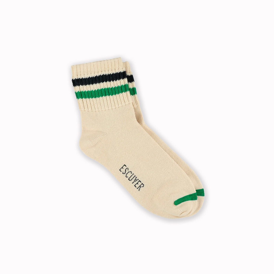 Ankle-length crew sock in ecru base with navy blue and green stripes. A shorter cut retro / vintage inspired style for the warmer months of the year.