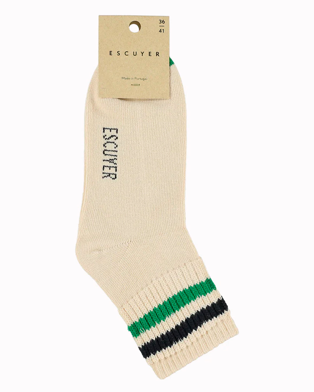 Ankle-length crew sock in ecru base with navy blue and green stripes. A shorter cut retro / vintage inspired style for the warmer months of the year.