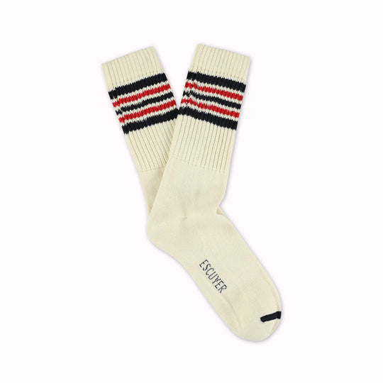 5 Stripe Crew Socks | Ecru + Blue + Red | Two Sizes