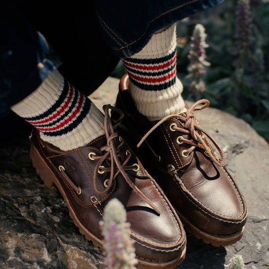 5 Stripe Crew Socks | Ecru + Blue + Red | Two Sizes