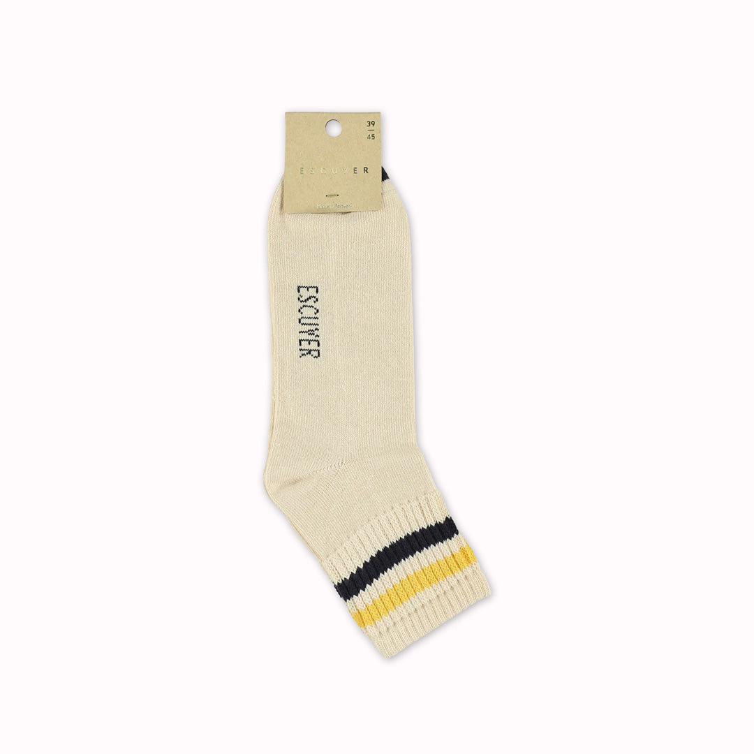 Ankle Crew Socks | Ecru With Yellow + Blue Stripes | UK Size 6-10.5