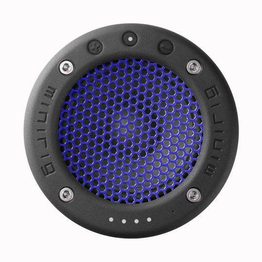 Top View - The Minirig Mini 4 in Electric Blue is a portable Bluetooth speaker that represents the latest innovation in audio technology. Crafted in Bristol, UK, this speaker is the result of over a decade of design evolution, offering a robust anodized aluminium and high-impact ABS construction.