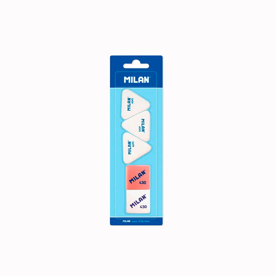 A handy five-piece eraser set from Spanish stationery favourite MILAN, bringing together three flexible 4045 erasers and two of the brand’s classic 430 erasers.