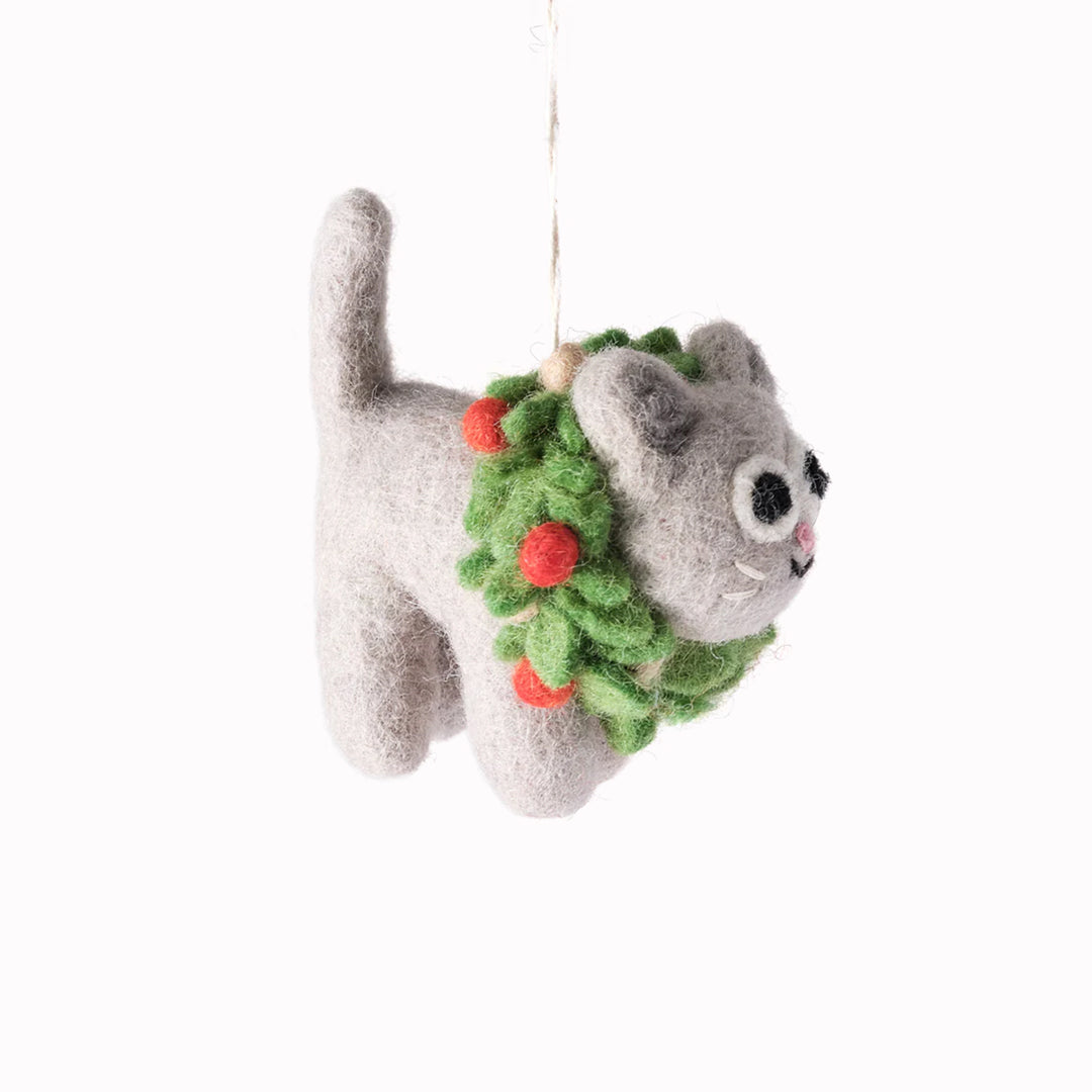 Ernest the Cat is stuck in a wreath! A playful felted Christmas tree decoration designed by Elliot Kruszynski