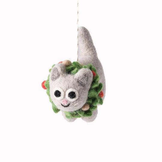 Ernest the Cat is stuck in a wreath! A playful felted Christmas tree decoration designed by Elliot Kruszynski