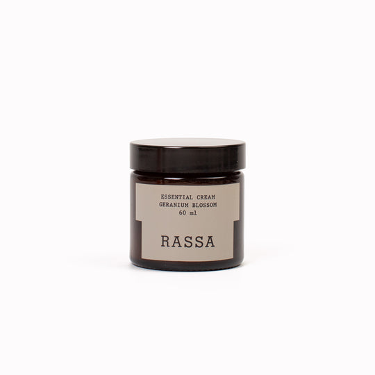 Jar of Rassa essential cream on a white background