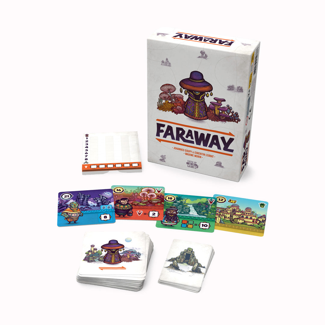 Faraway Card Game  | Welcome to Alula, a mysterious continent with ever-changing geography, shaped after the rhythm of the seasons. Beyond the Sea of Mists lies the mysterious continent of Alula. Roam across the land in search of its secrets, meet its inhabitants and list its wonders in order to gain more fame than your opponents.