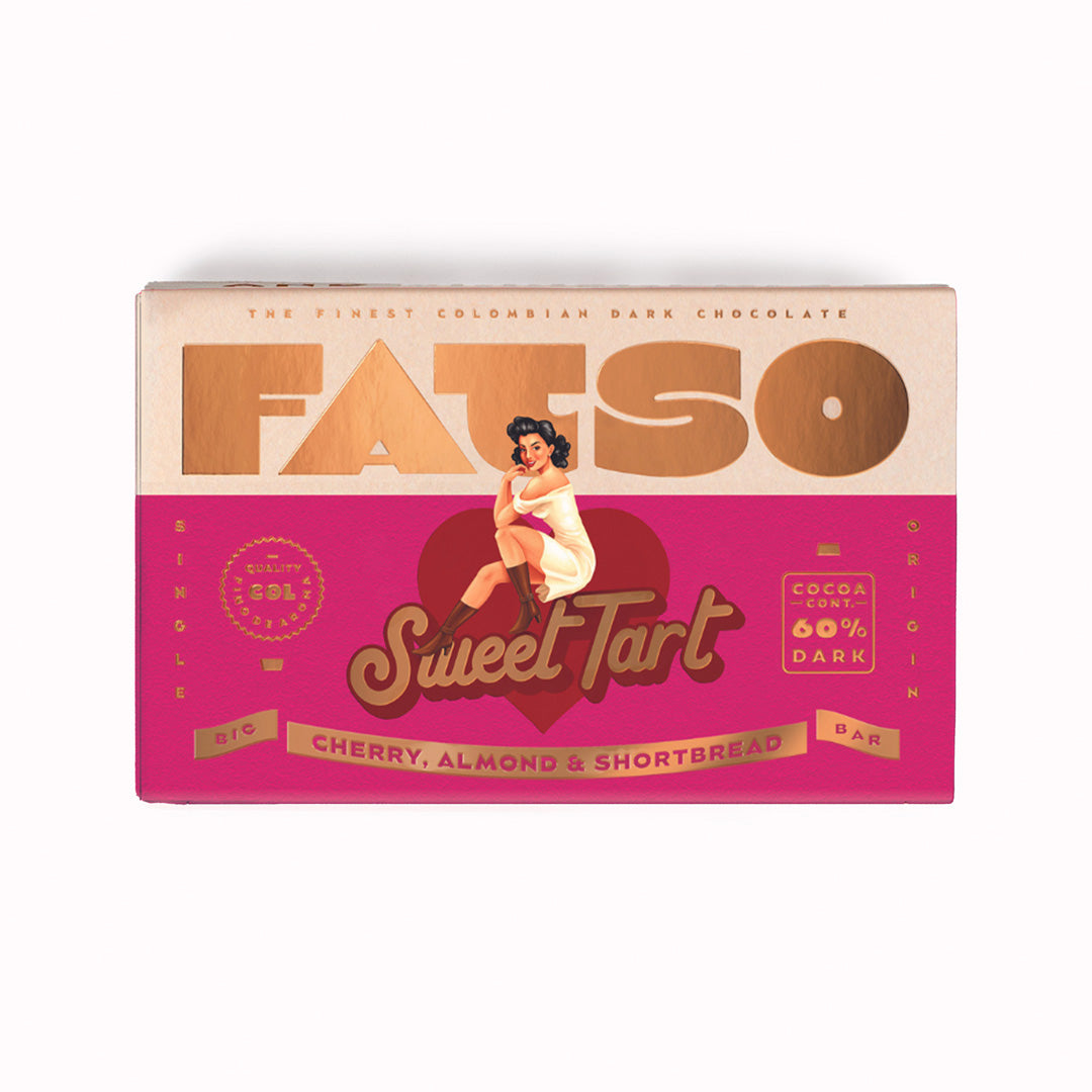 Sweet Tart from Fatso is a chocolatey, nutty, fruity tart in bar form. Starting with 60% Dark Single Origin Colombian Chocolate and then adding sweet cherries, whole almonds and buttery shortbread into the mix. Yum!
