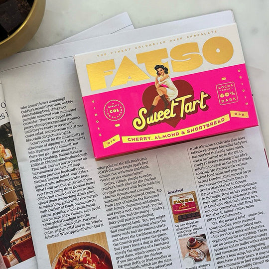 Sweet Tart from Fatso is a chocolatey, nutty, fruity tart in bar form. Starting with 60% Dark Single Origin Colombian Chocolate and then adding sweet cherries, whole almonds and buttery shortbread into the mix. Yum!