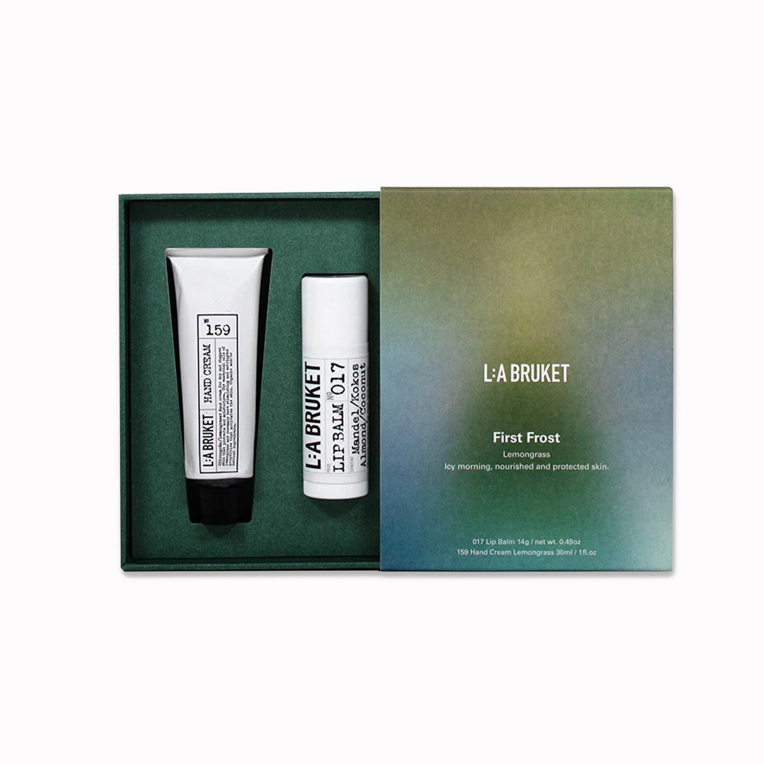 The L:A Bruket 2025 First Frost Winter Gift Kit contains their bestselling self care duo: Lemongrass hand cream 30ml and Original Almond &amp; Coconut Lip Balm 14g
