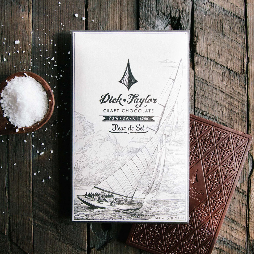 Single-origin 73%&nbsp;dark chocolate finished with delicate fleur de sel for a balanced sweet-salty craft chocolate bar.