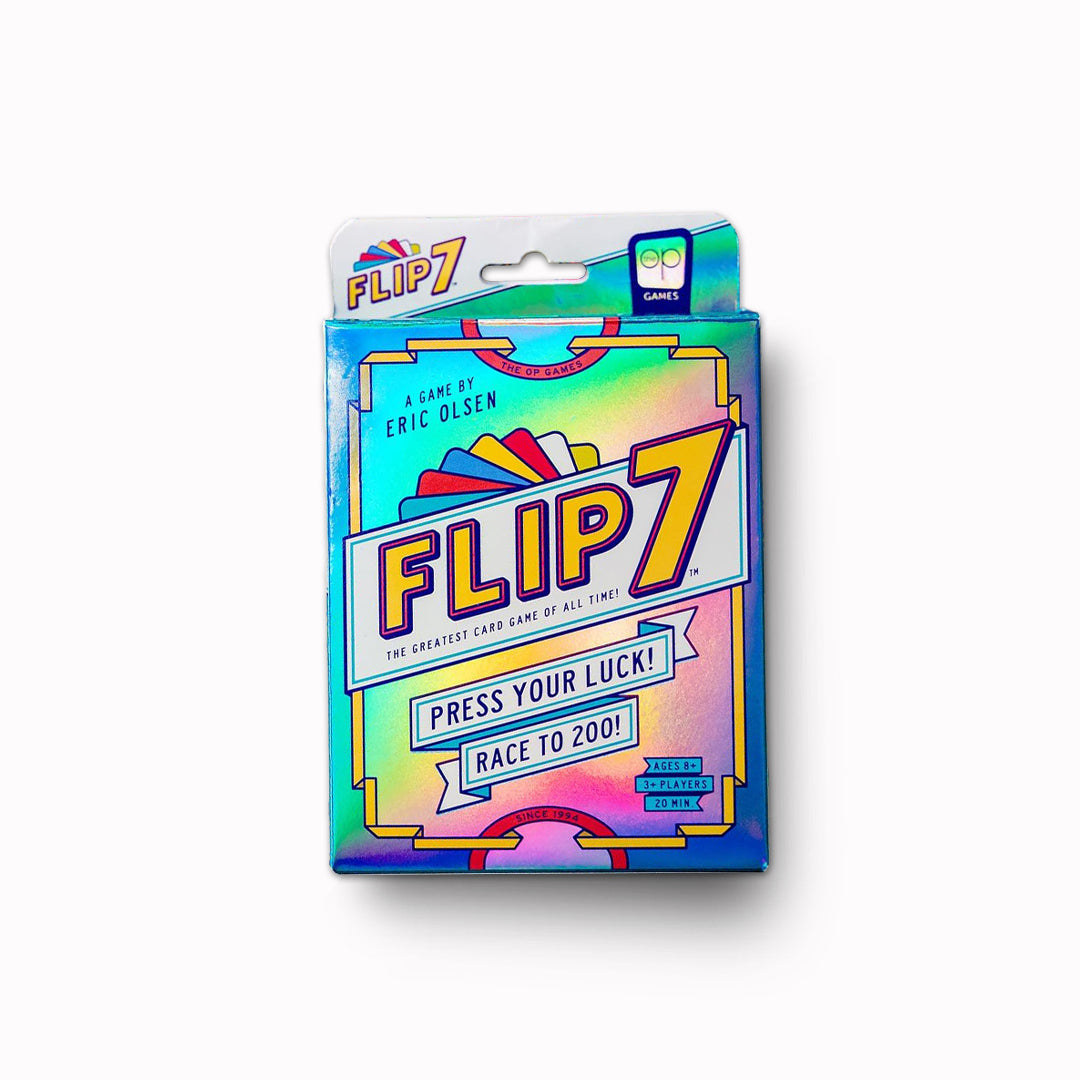 Flip 7 card game packaging with colorful design on a white background