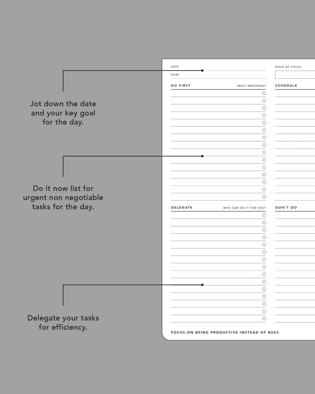 The layout follows a four-part workflow: define a project or daily goal, assign a focused hour