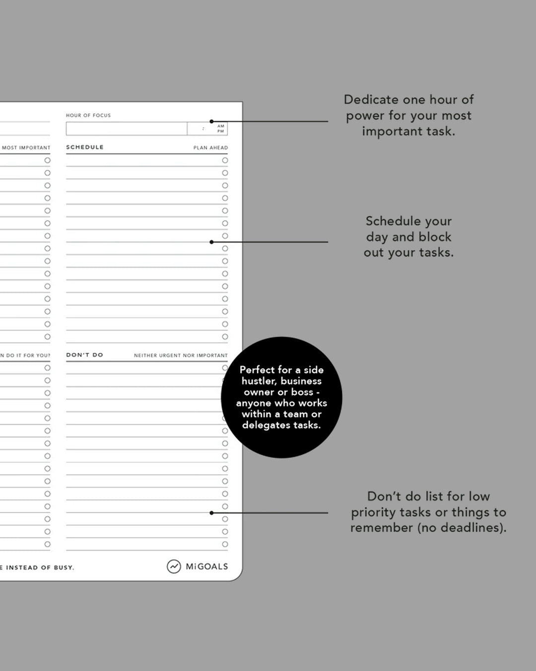 The layout follows a four-part workflow: define a project or daily goal, assign a focused hour