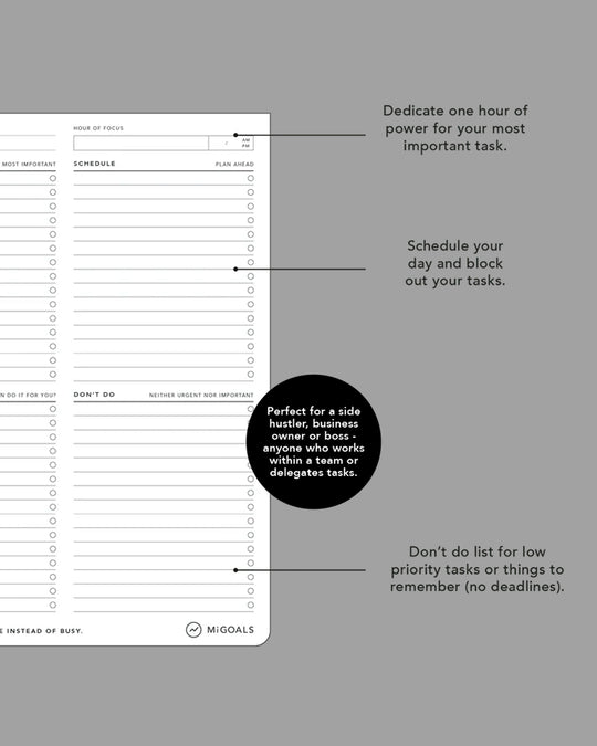 The layout follows a four-part workflow: define a project or daily goal, assign a focused hour
