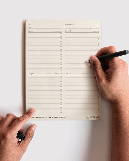 The layout follows a four-part workflow: define a project or daily goal, assign a focused hour