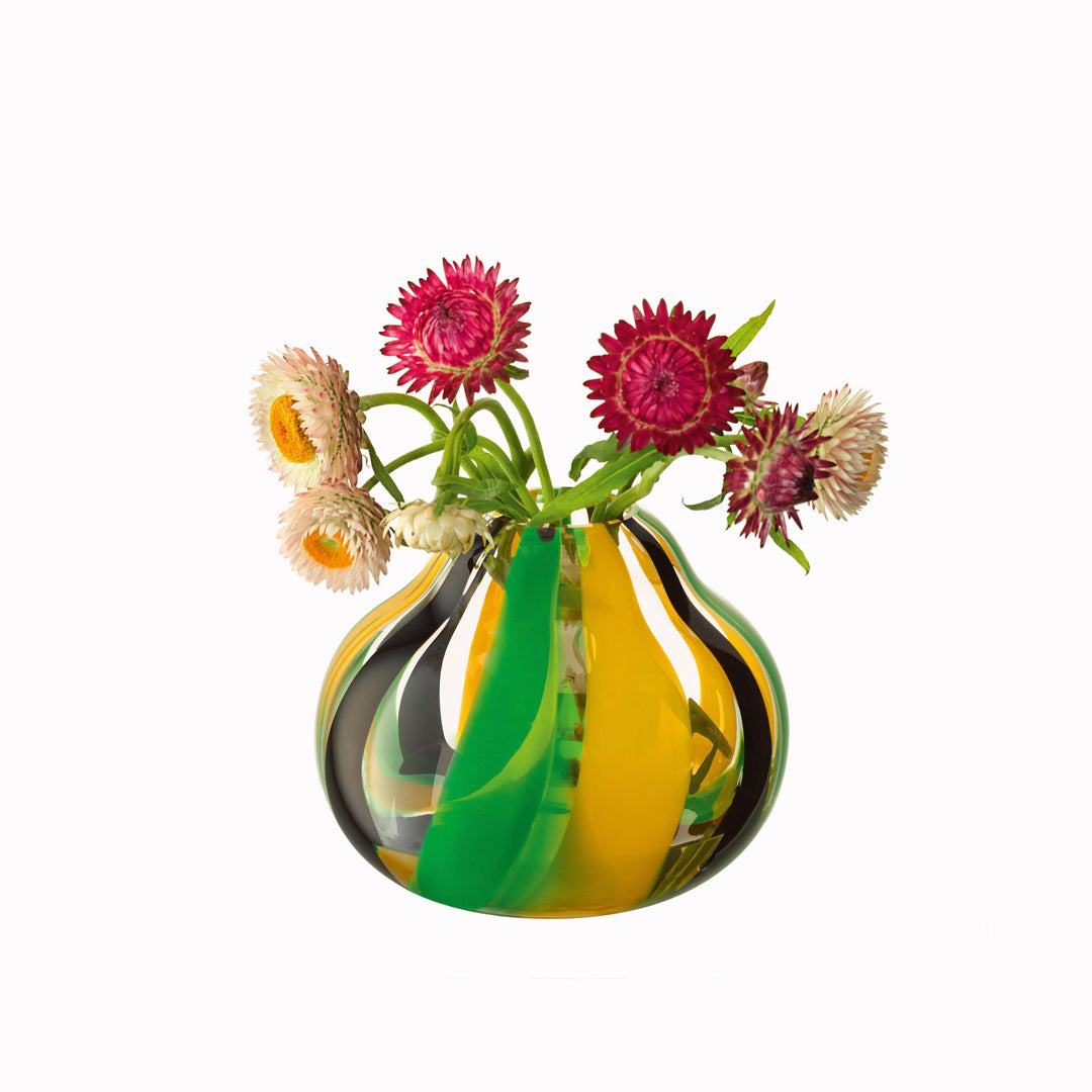 hand painted glass vase with black, green and yellow stripes for a contemporary folk inspired design. Painted by skilled artisans, each item will have subtle variations in pattern.