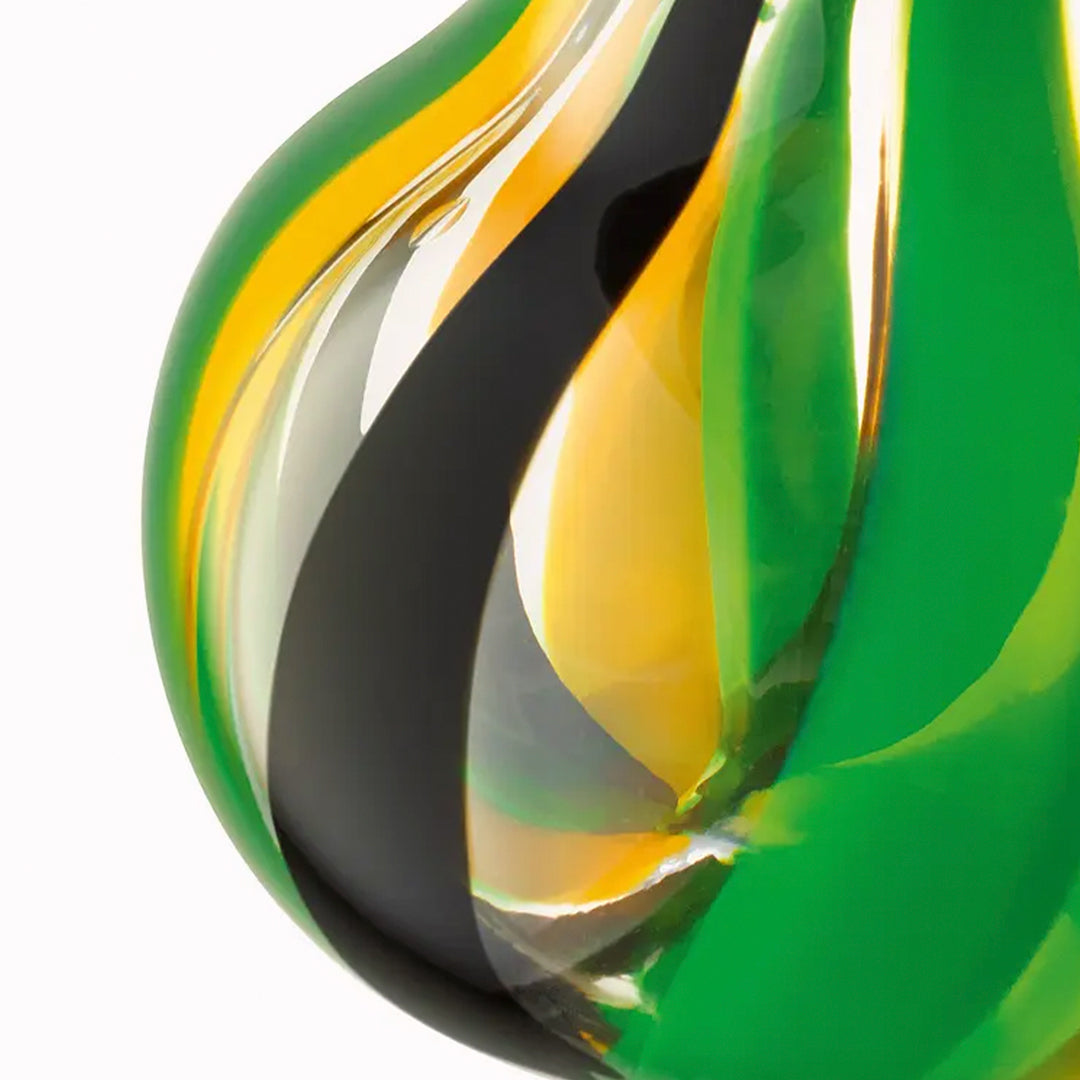 hand painted glass vase with black, green and yellow stripes for a contemporary folk inspired design. Painted by skilled artisans, each item will have subtle variations in pattern.