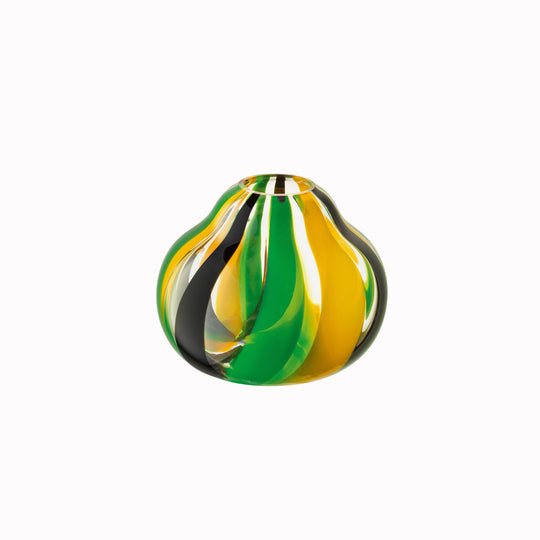 hand painted glass vase with black, green and yellow stripes for a contemporary folk inspired design. Painted by skilled artisans, each item will have subtle variations in pattern.