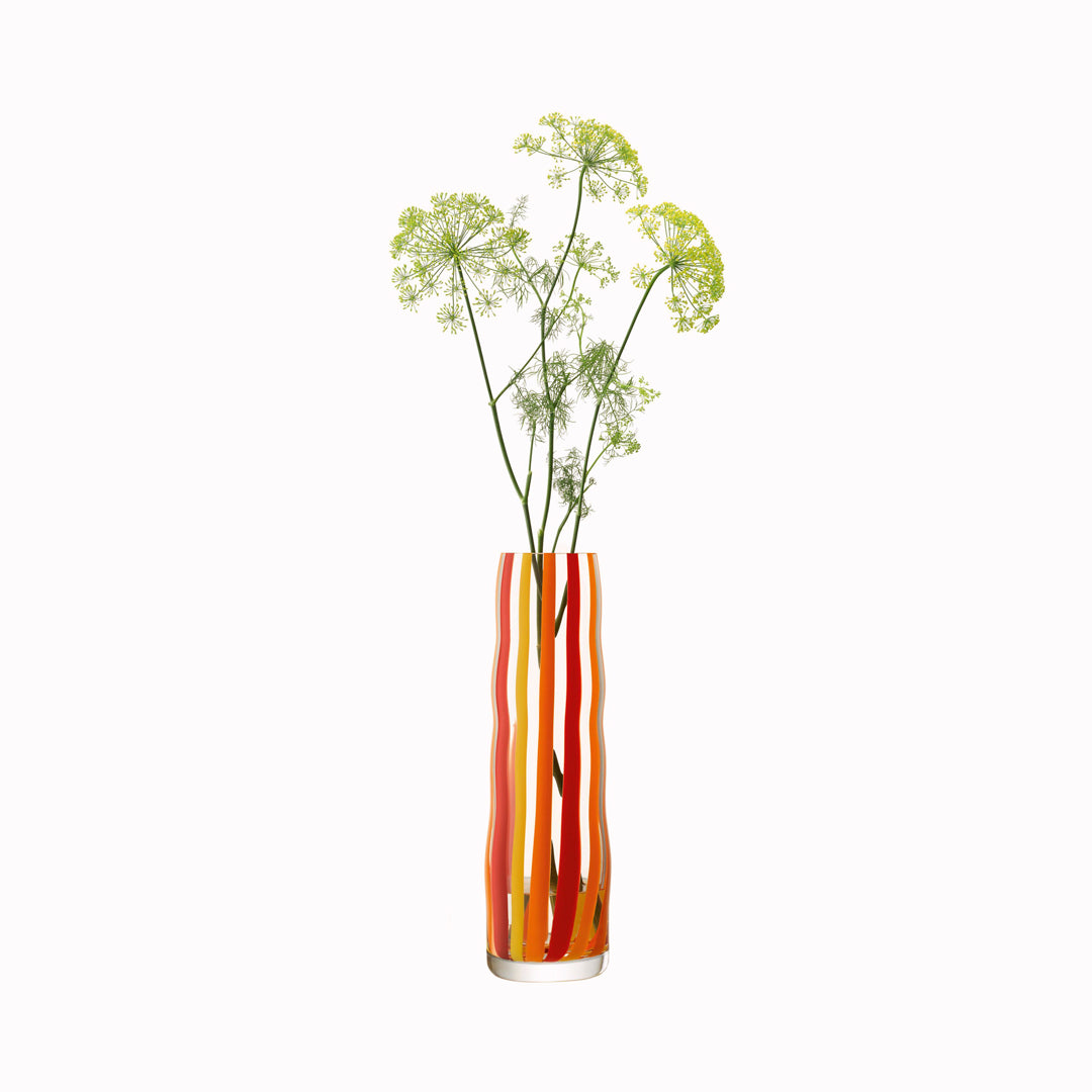 Part of the LSA International Folk Collection, this tall and slender glass Folk Vase has been hand painted with Orange, Red and Yellow stripes for bright and bold impact.&nbsp;