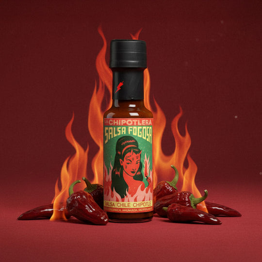 Salsa Fogosa hot sauce bottle with fiery design on a red background