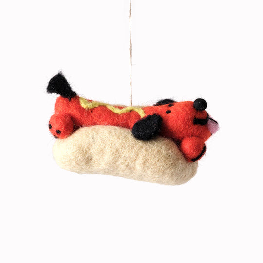 Frank the Hotdog Dog in a bun! A playful felted Christmas tree decoration designed by Cari Vander Yacht