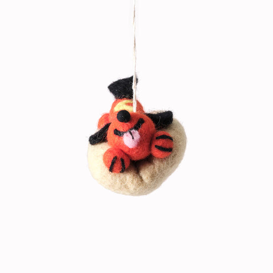 Frank the Hotdog Dog in a bun! A playful felted Christmas tree decoration designed by Cari Vander Yacht