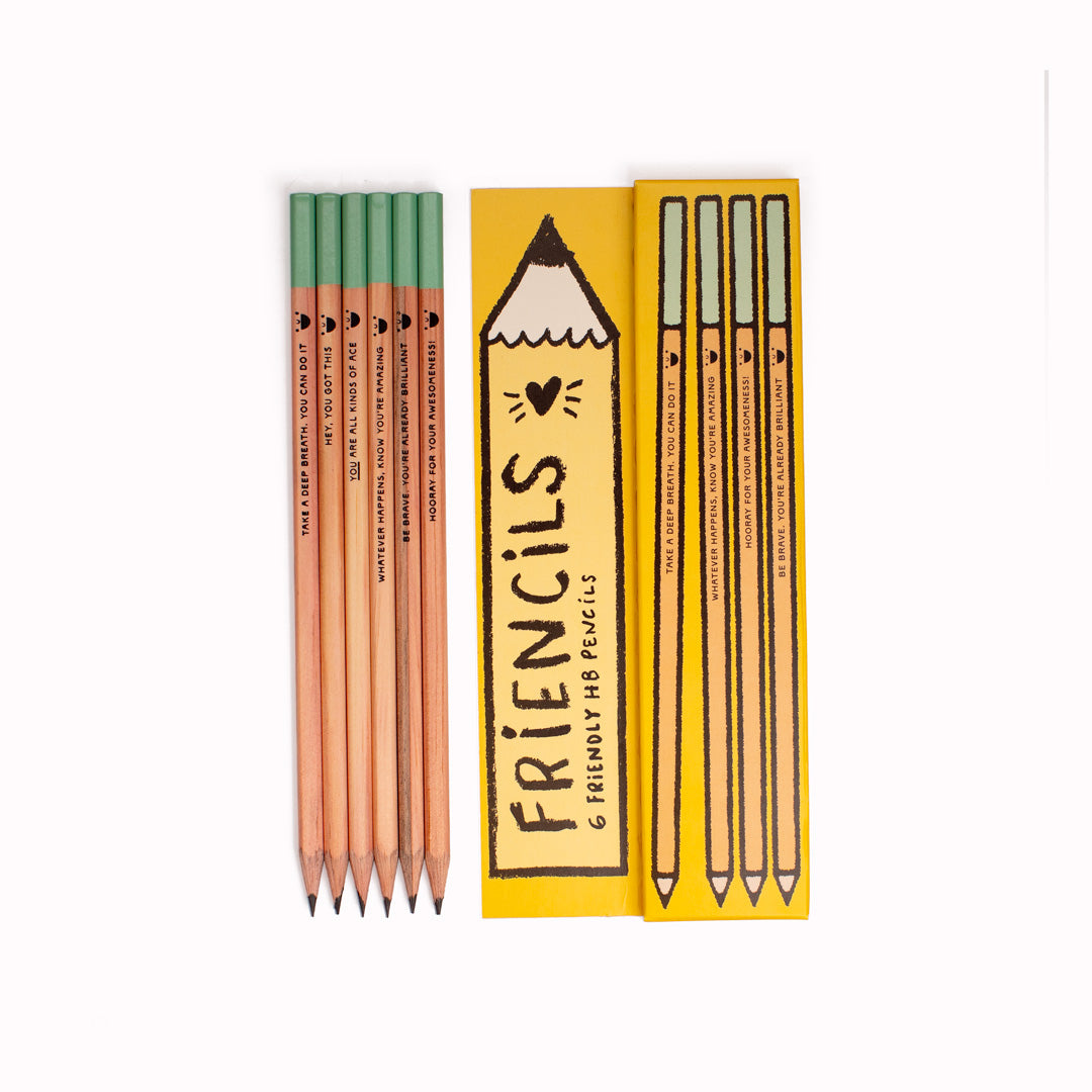 Friencils by USTUDIO Design are set of six HB pencils offering helpful, scribbly positive affirmations to keep your spirits up when the going gets tough. Each pencil features a different happy and positive slogan