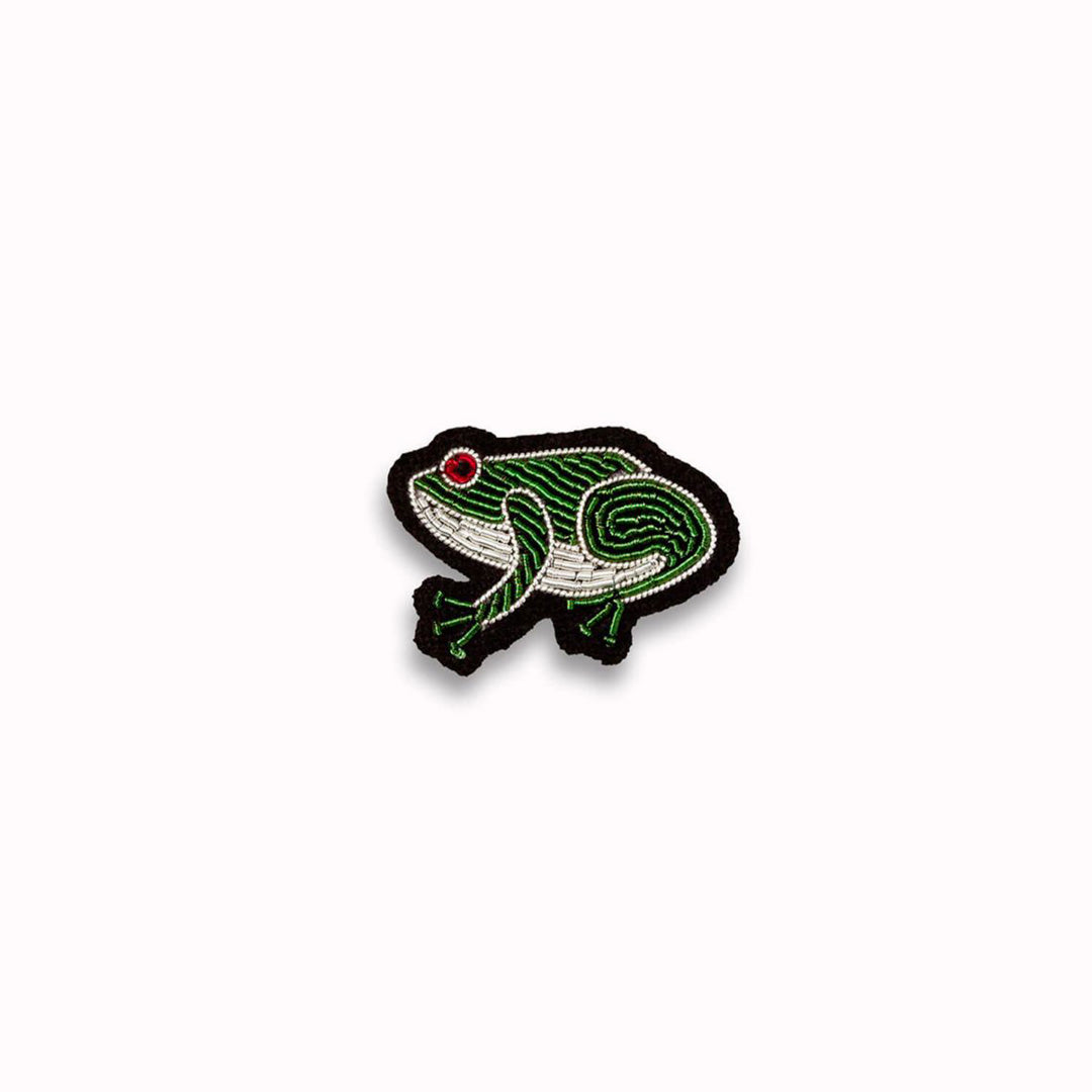 Hand embroidered Frog decorative lapel pin by Paris based Macon et Lesquoy - personalise your favourite garments to define your individual style. 