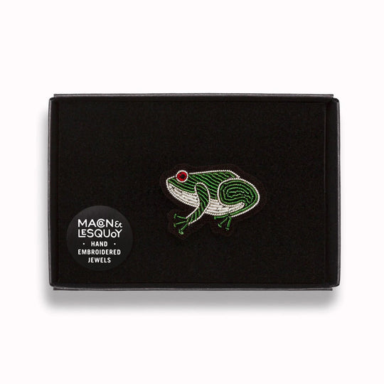 In Presentation Box. Hand embroidered Frog decorative lapel pin by Paris based Macon et Lesquoy - personalise your favourite garments to define your individual style. 