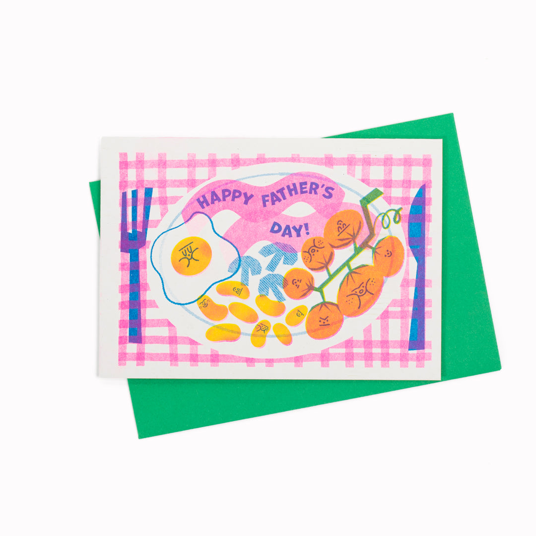 Risograph printed Father's Day Card by Rebecca Buchanan. Bold modern illustration with the printed charm of risograph.
