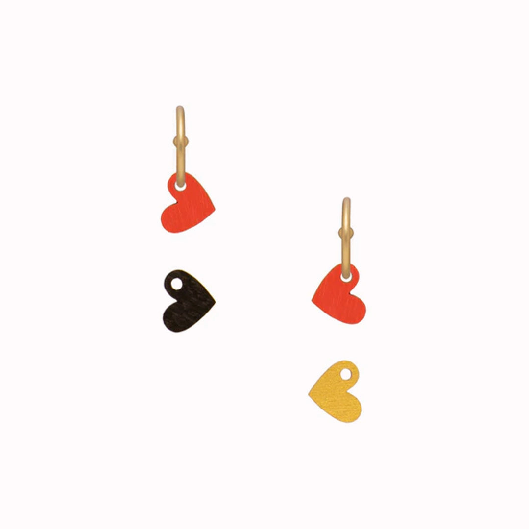 Hoop earrings by Materia Rica featuring red, gold and black hearts - pick which colour combination and how many hearts you want to wear.