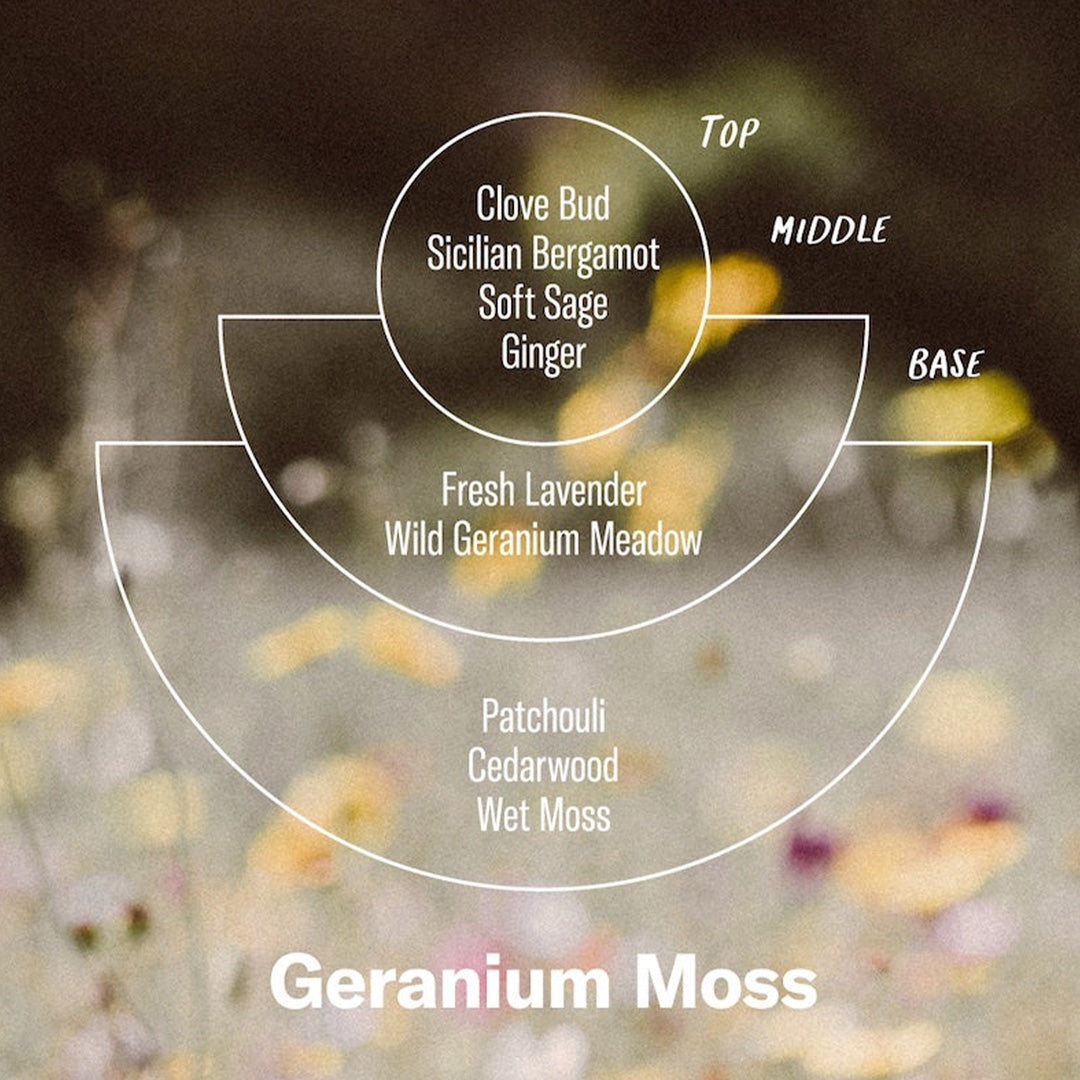 Flavour notes - Geranium Moss is for reflection and connection, using scent to ground you in the present moment.