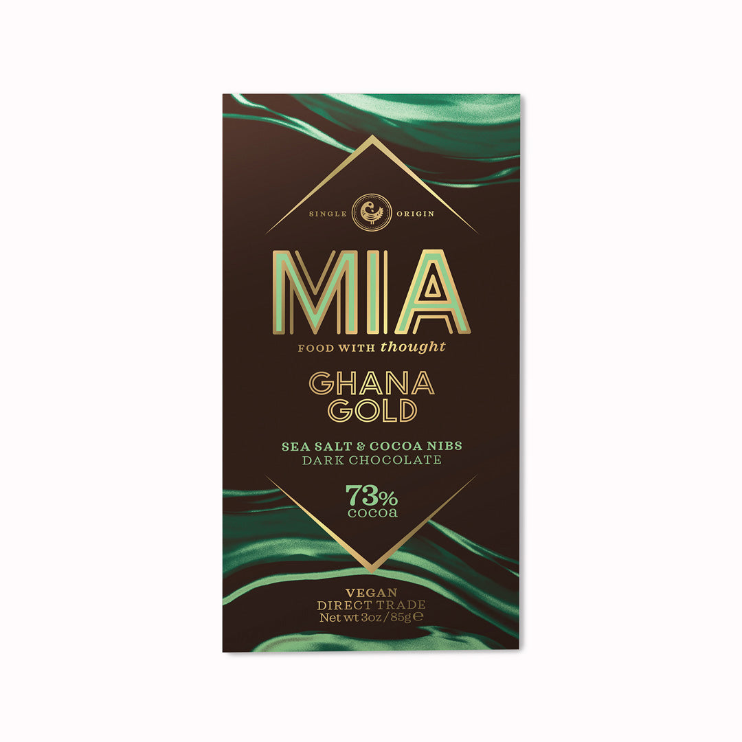 MIA's Sea Salt and Cocoa Nibs 73% dark chocolate bar, Delicate flakes of mouth-watering sea salt give way to bittersweet dark chocolate with woody notes of roasted cocoa.