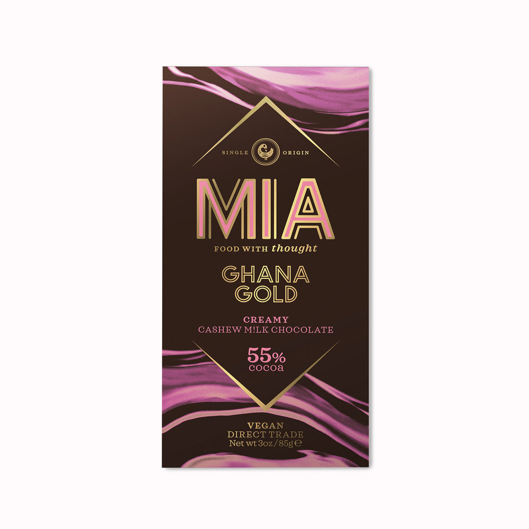 Creamy Cashew M!lk Chocolate bar from MIA. Roasted cashews are ground into dark chocolate to create a creamy texture and an infusion of nutty notes nested in the earthy flavour of pure roasted cocoa.
