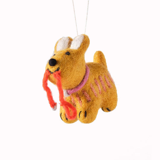 Ginger is a happy dog asking to be walked! A playful felted Christmas tree decoration designed by Cari Vander Yacht.