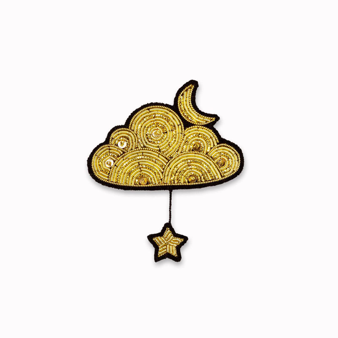 Hand-Embroidered Golden Cloud + Star by Macon &amp; Lesquoy – French Designed Statement Pin

Make a statement with this beautiful Gold Cloud With Moon and Star hand embroidered decorative lapel pin by Paris based Macon et Lesquoy