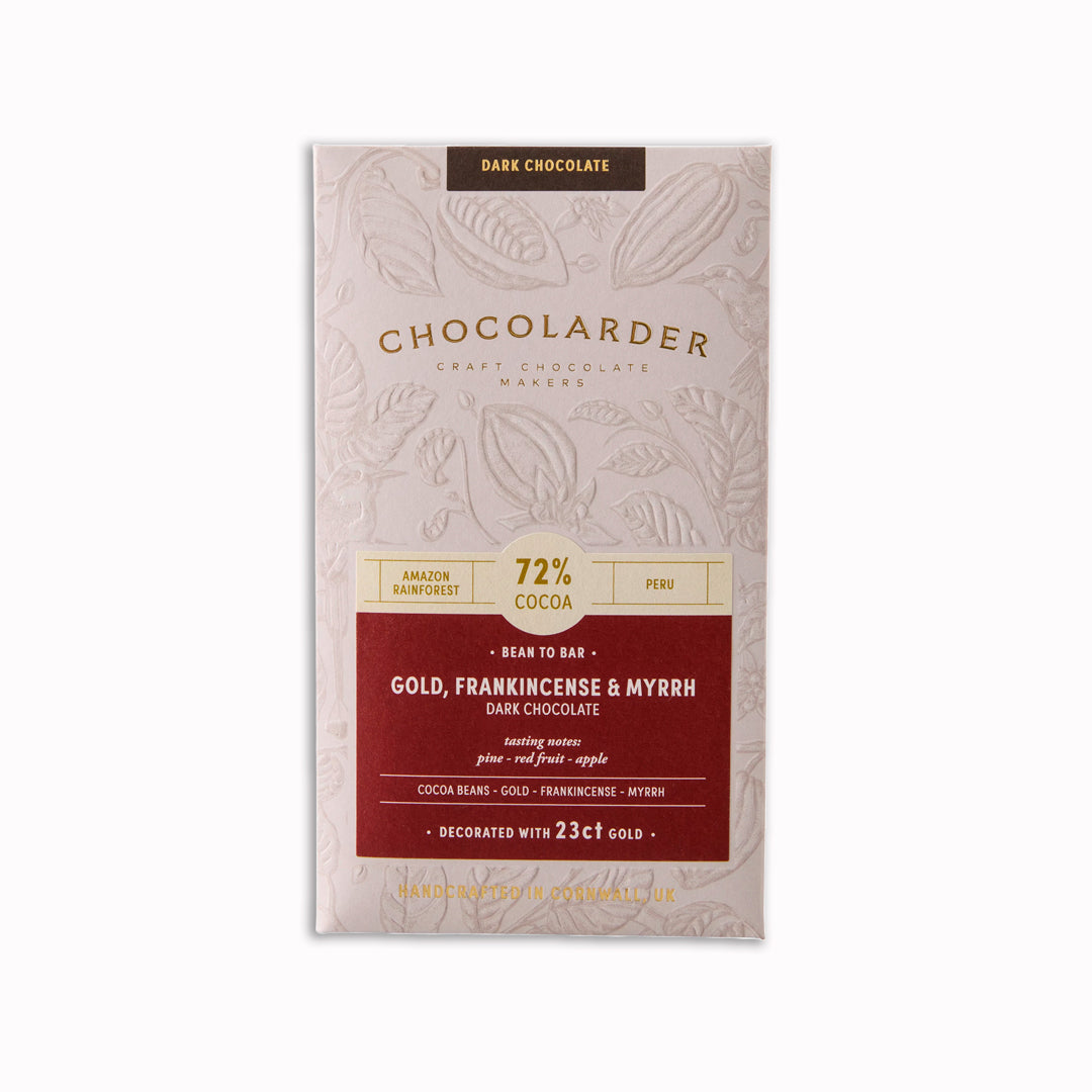 Gold Frankincense And Myrrh 72% Dark Chocolate Bar is a unique and particularly bar of chocolate from the award winning Chocolarder team featuring edible 23ct gold leaf. Perfect for a Christmas treat!