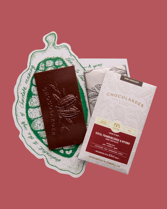 Gold Frankincense And Myrrh 72% Dark Chocolate Bar is a unique and particularly bar of chocolate from the award winning Chocolarder team featuring edible 23ct gold leaf. Perfect for a Christmas treat!