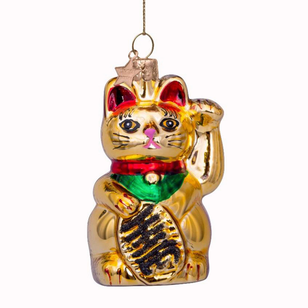 Inject some sparkly fun into your Christmas tree with this hand painted and mouth blown glass Gold Lucky Cat ornamental Christmas tree decoration by Vondels