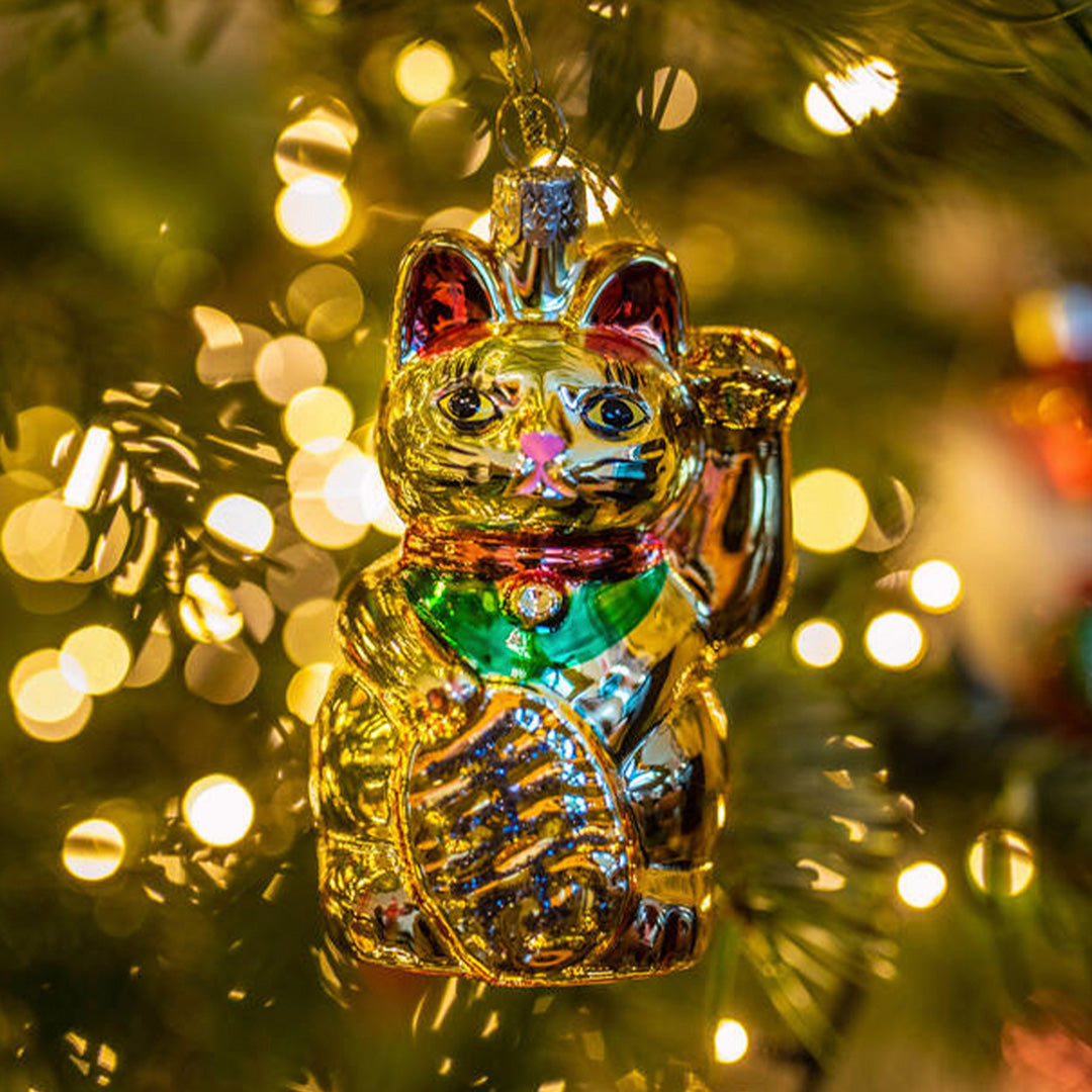 Inject some sparkly fun into your Christmas tree with this hand painted and mouth blown glass Gold Lucky Cat ornamental Christmas tree decoration by Vondels