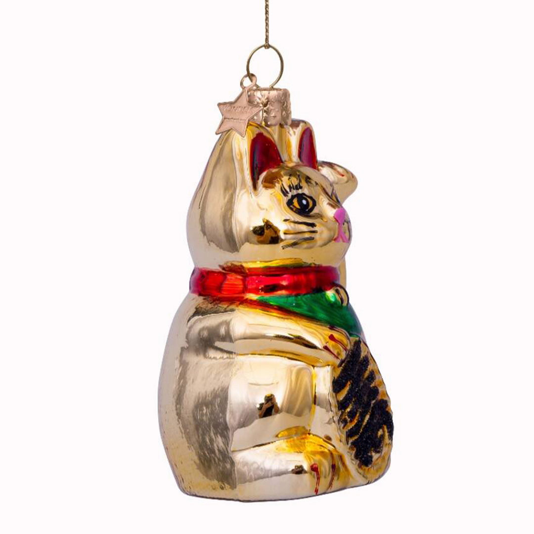 Inject some sparkly fun into your Christmas tree with this hand painted and mouth blown glass Gold Lucky Cat ornamental Christmas tree decoration by Vondels