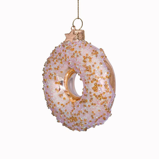 Inject some sparkly fun into your Christmas tree with this hand painted and mouth blown glass Gold Donut ornamental Christmas tree decoration by Vondels