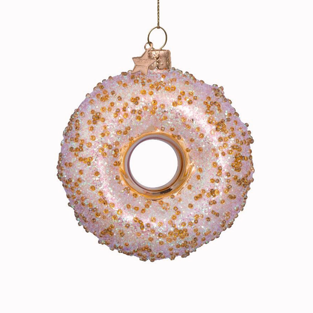 Inject some sparkly fun into your Christmas tree with this hand painted and mouth blown glass Gold Donut ornamental Christmas tree decoration by Vondels