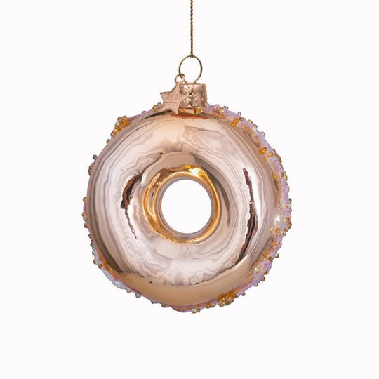 Inject some sparkly fun into your Christmas tree with this hand painted and mouth blown glass Gold Donut ornamental Christmas tree decoration by Vondels