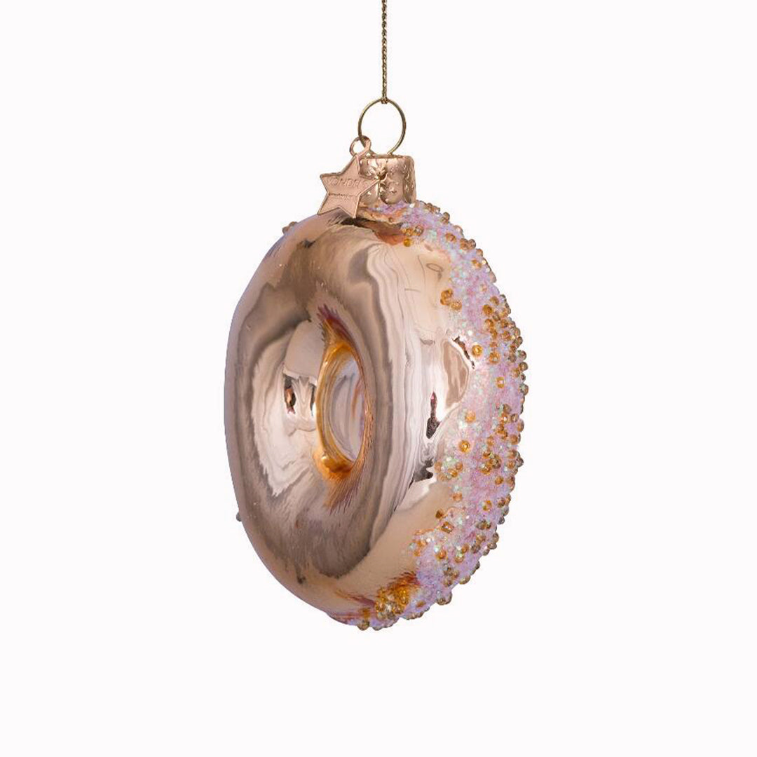 Inject some sparkly fun into your Christmas tree with this hand painted and mouth blown glass Gold Donut ornamental Christmas tree decoration by Vondels