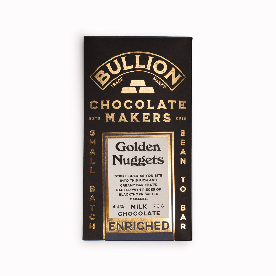 Strike Gold as you bite into this rich and creamy bar that's packed with pieces of Blackthorn salted caramel.