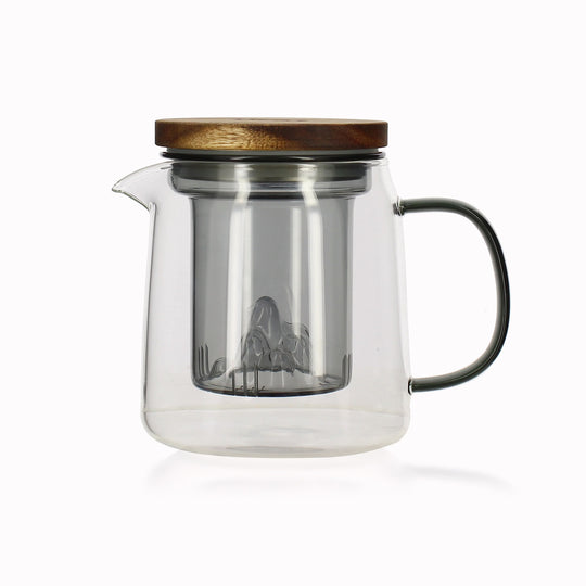 Elegant and contemporary glass teapot made from borosilicate glass with graphite grey coloured glass strainer and handle