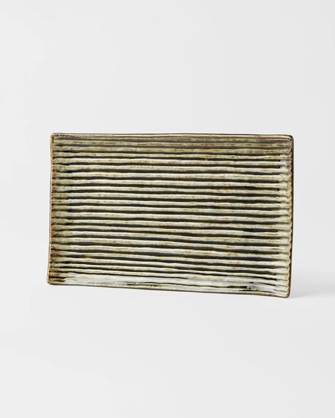 Rectangular Sushi Plate with a Green and White Contoured Glaze offering plenty of space for sashimi or other appetisers.